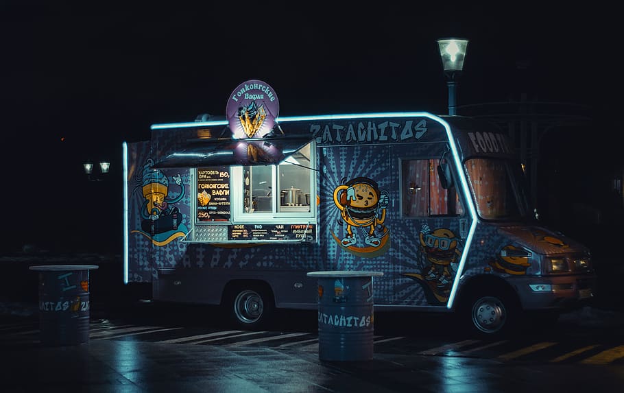 Food Truck, illuminated, vehicle, mode of transportation, land vehicle, HD wallpaper