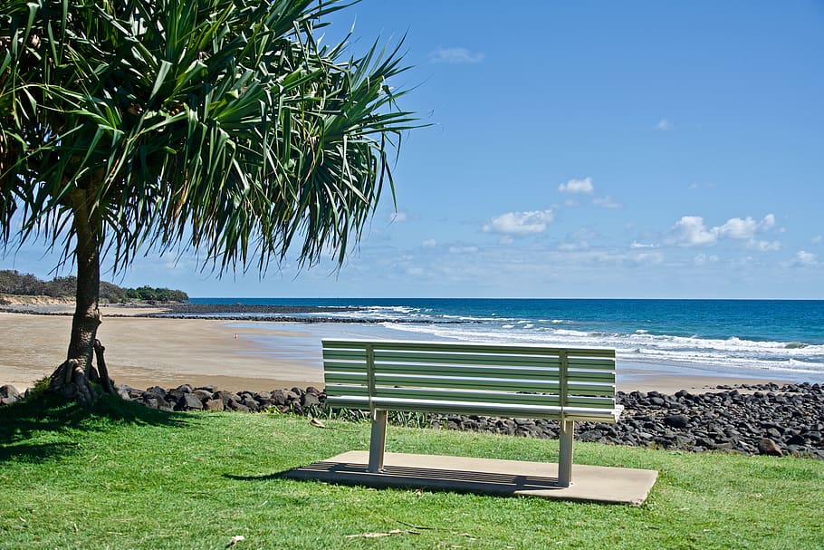 seat, view, outlook, ocean, beach, surf, sand, seascape, paradise HD wallpaper