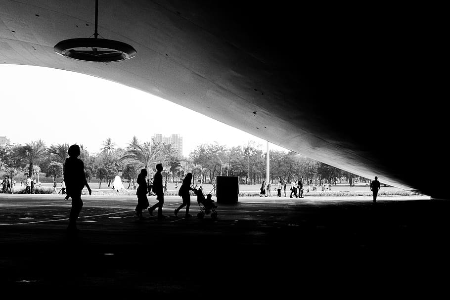people under concrete roof, human, person, pedestrian, silhouette HD wallpaper