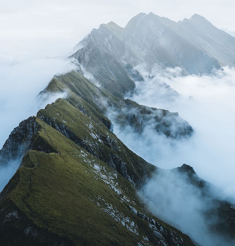 foggy mountain, landscape, cliff, ridge, track, trail, rugged HD wallpaper