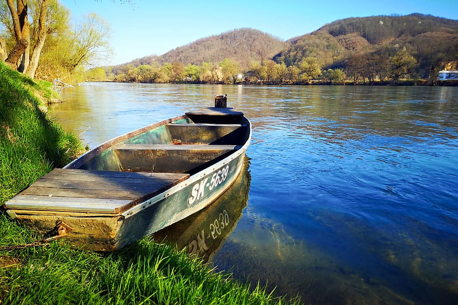 kostajnica, river, una, croatia, boat, green, nature, idyllic, HD wallpaper