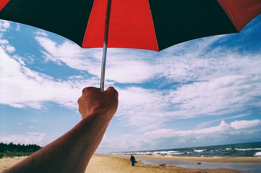 Umbrella in hand on a beach, alone, back, beautiful, blue, cloud HD wallpaper