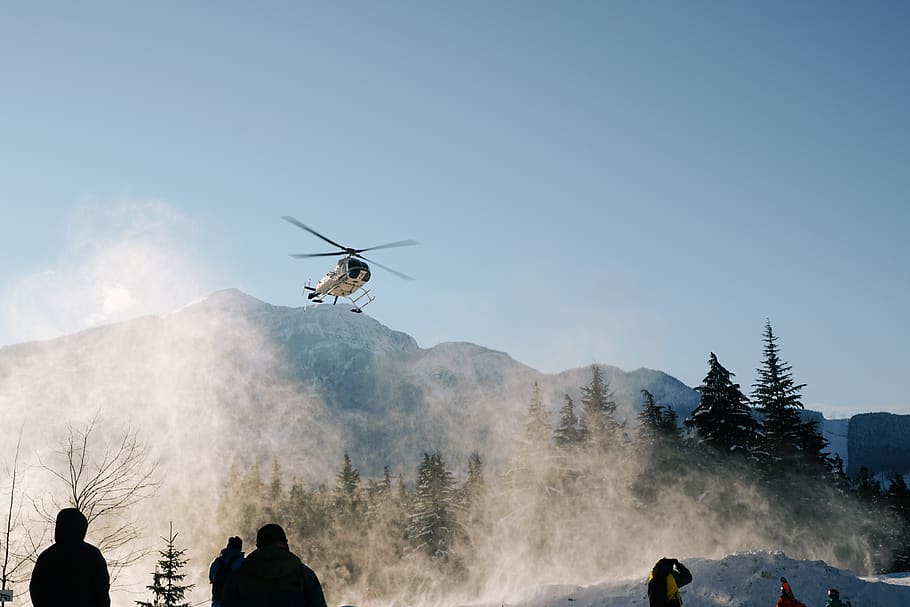 helicopter on flight, sky, mid-air, flying, nature, mountain HD wallpaper