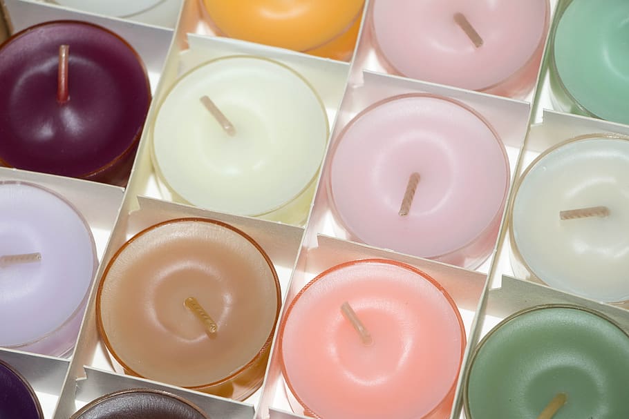 Assorted-color Pillar Candles, tea lights, full frame, large group of objects HD wallpaper