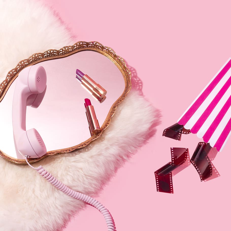 white handset on mirror, indoors, pink color, no people, close-up HD wallpaper