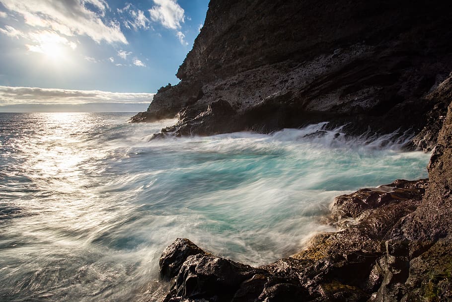 sea, vacations, sun, long exposure, water, surf, rock, relaxation HD wallpaper