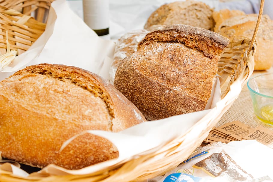 bread placed on basket, food and drink, freshness, still life HD wallpaper