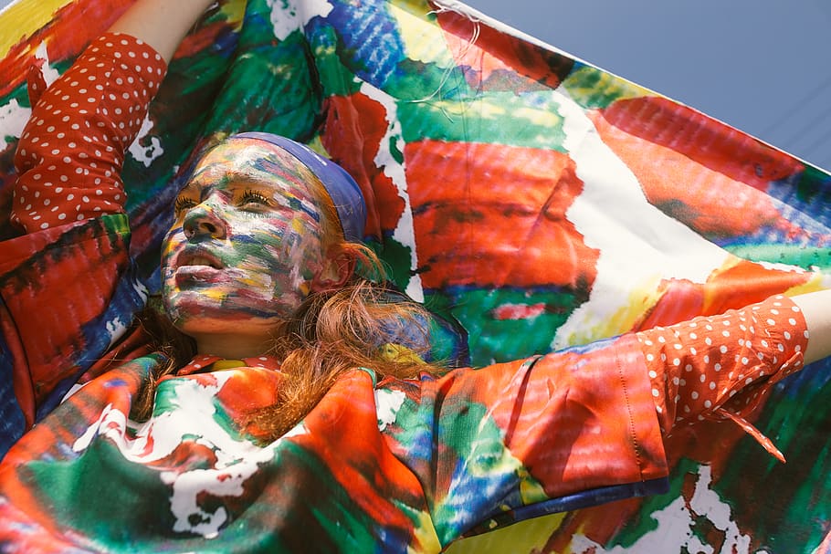 Woman With Face Paint Raising Her Hands Holding Textile, art, HD wallpaper