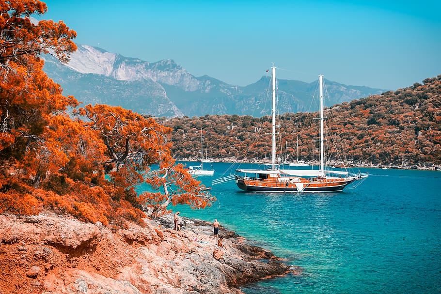 Brown Boat, bay, beach, color, daylight, fall, fall colors, island HD wallpaper