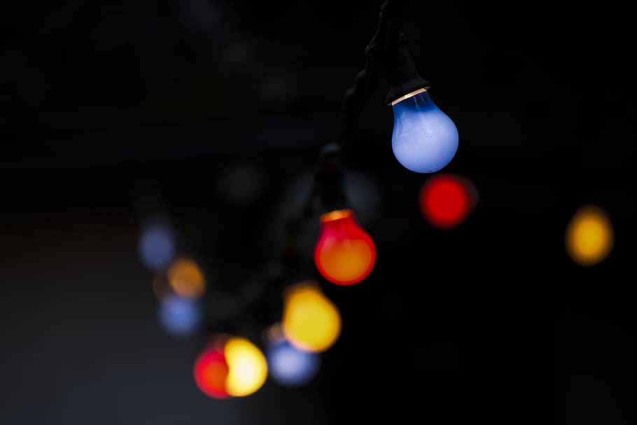 Turned-on Led Bulbs, blurred, dark, design, illuminated, light bulbs HD wallpaper