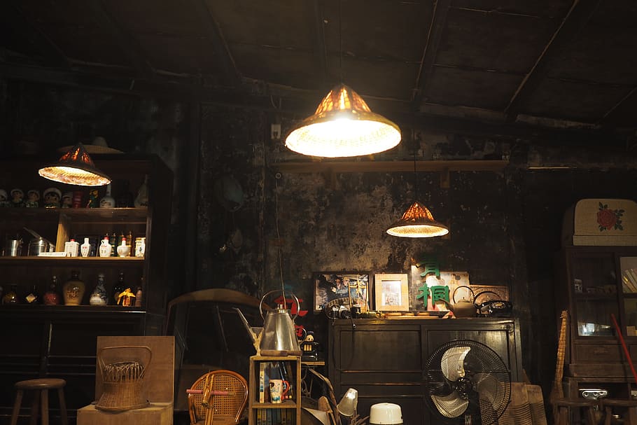 lighting, indoors, interior design, lamp, furniture, room, pub, HD wallpaper