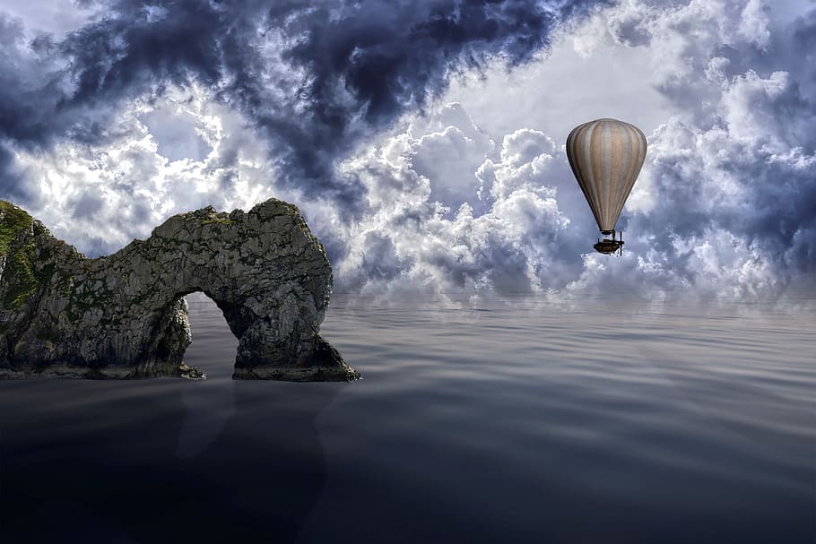 sea, clouds, zeppelin, rock, view, panorama, thunderstorm, gloomy HD wallpaper