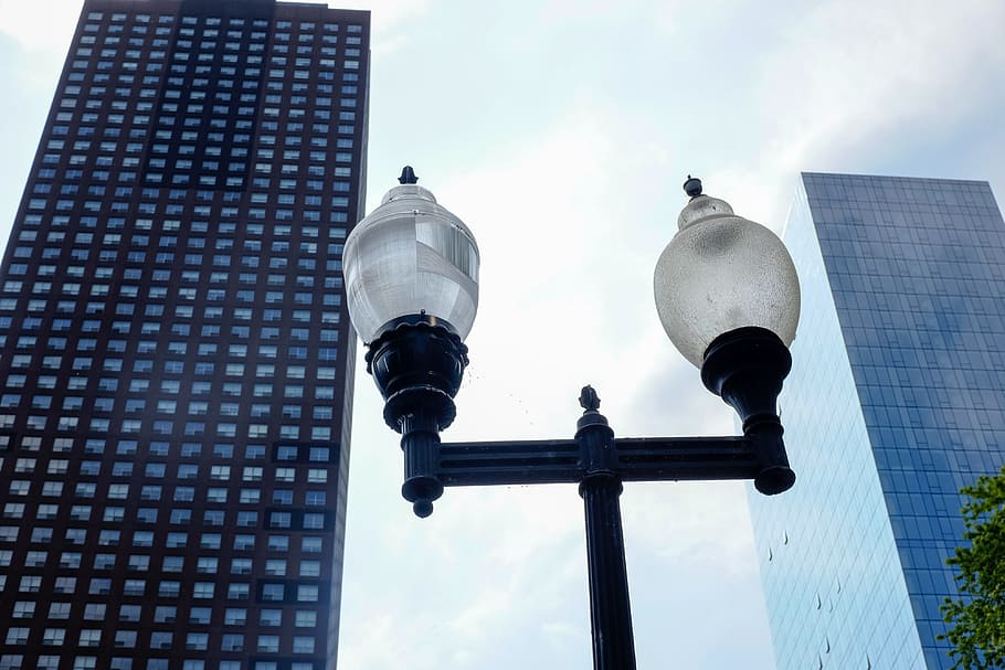 Lantern and skyscrapers, architecture, background, black, blue HD wallpaper