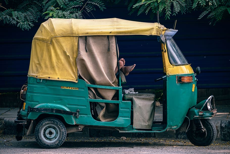green and yellow auto rickshaw, real people, one person, transportation HD wallpaper