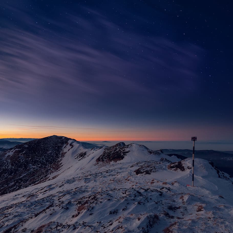 nature, landscape, mountain, clouds, sky, sunset, snow, winter HD wallpaper