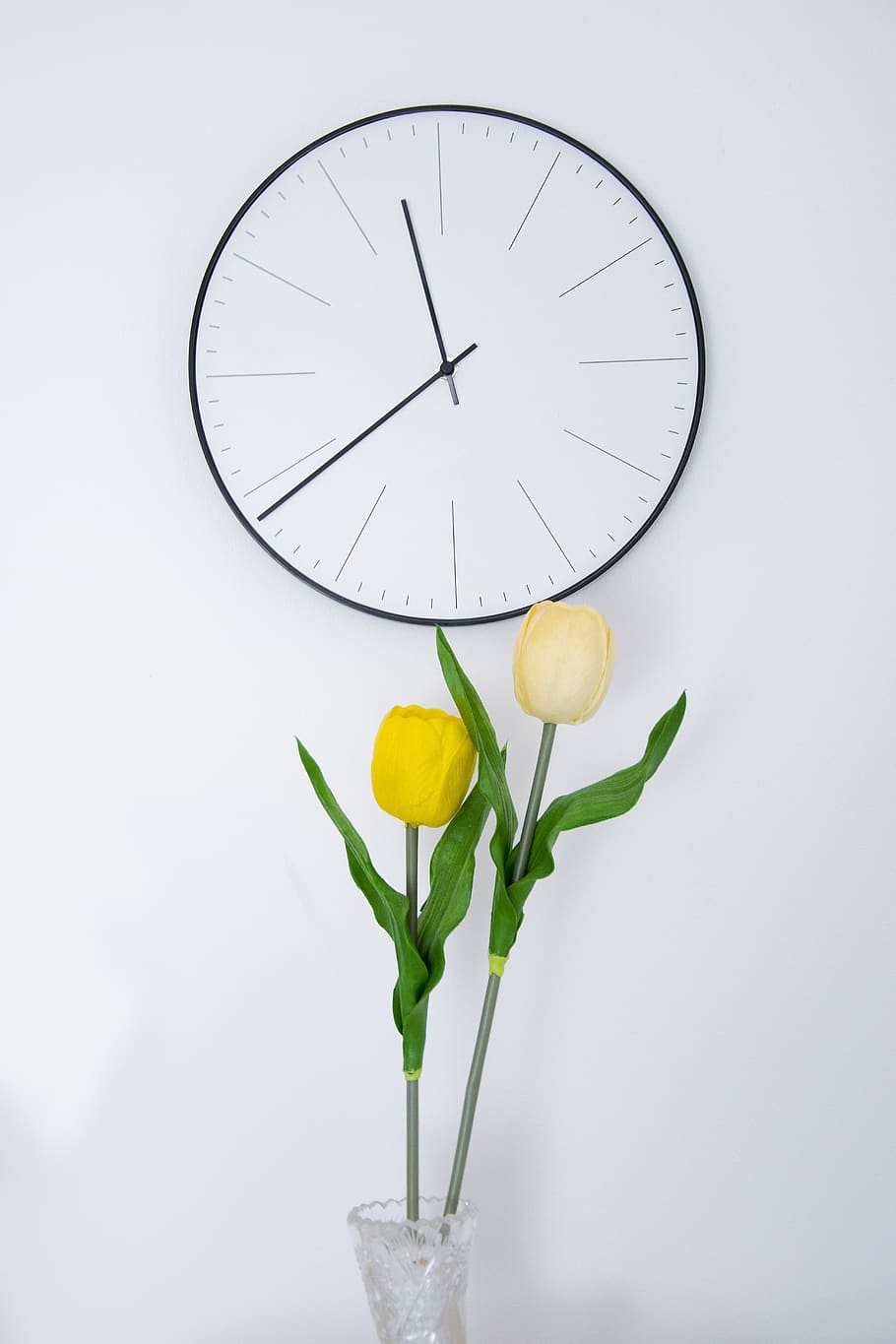 tulip, yellow, flower, clock, minimum, room, phone wallpaper, HD wallpaper