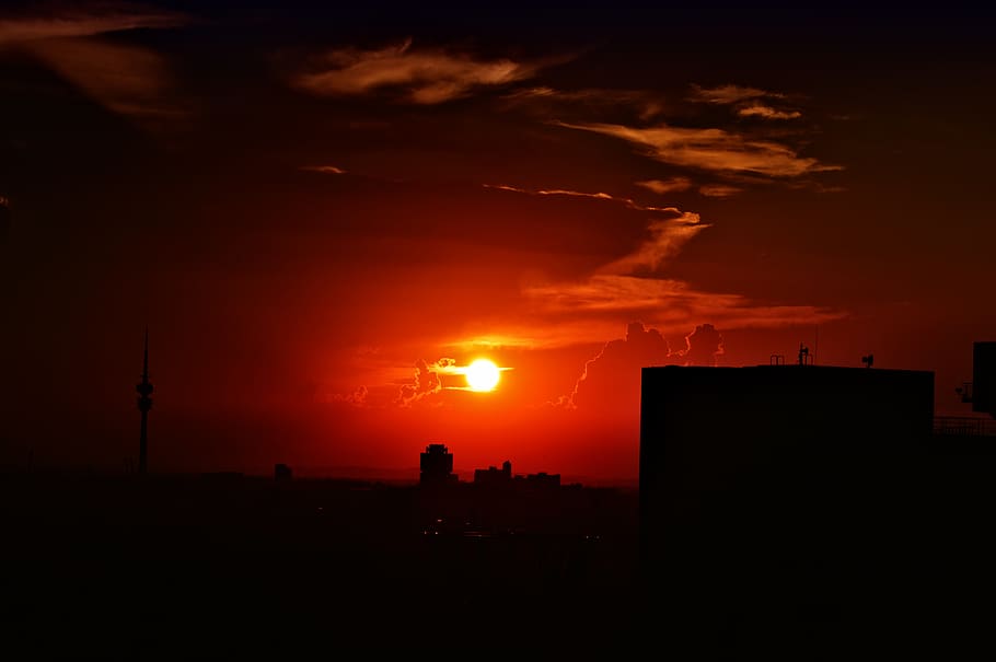 munich, sunset, silhouette, skyline, tv tower, olympia tower HD wallpaper