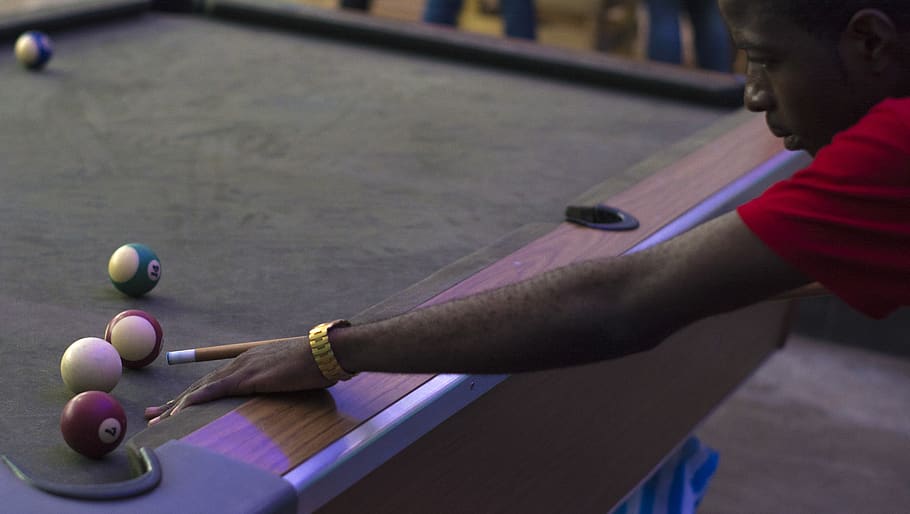 man playing billiard, table, furniture, person, human, indoors HD wallpaper