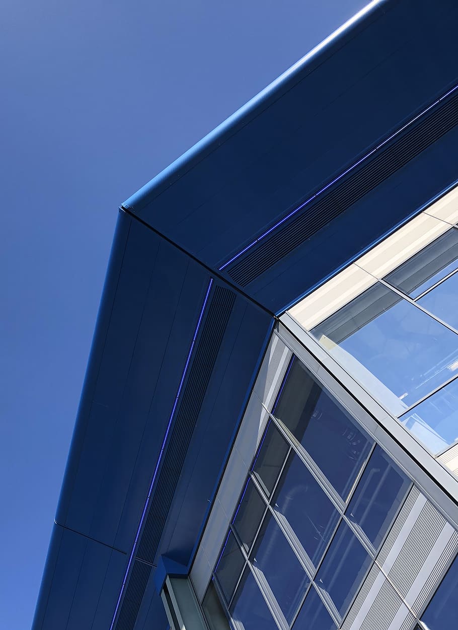 blue, building, sky, windows, architecture, low angle view HD wallpaper