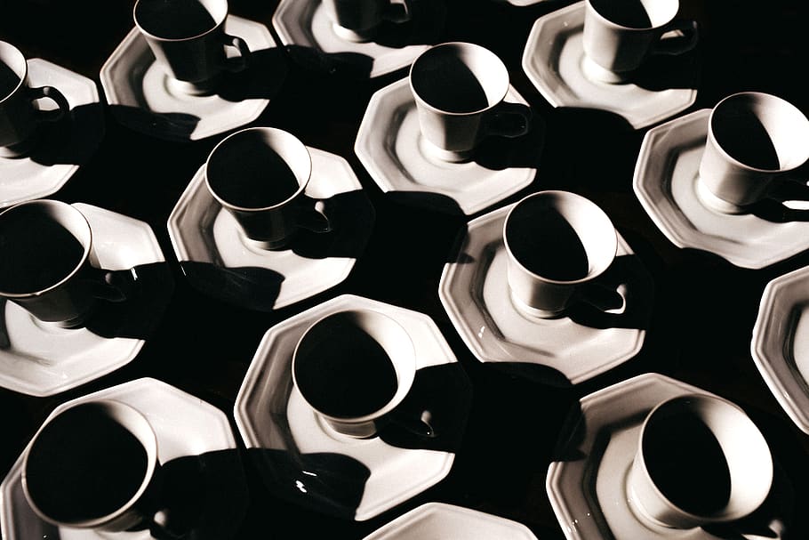 white ceramic cups on saucers, indoors, full frame, backgrounds HD wallpaper