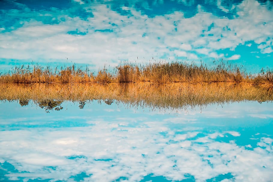 Landscape Photography of Sky Reflect to Body of Water, blue sky HD wallpaper