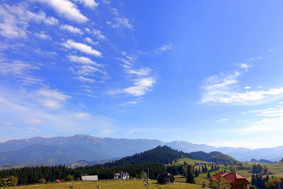 landscape, horizon, mountain, cloud, sky, field, meadow, sunlight HD wallpaper