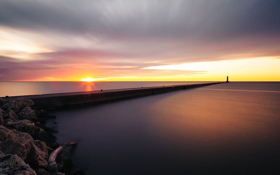 concrete dock in ocean, sheboygan, coast, nature, outdoors, sea HD wallpaper