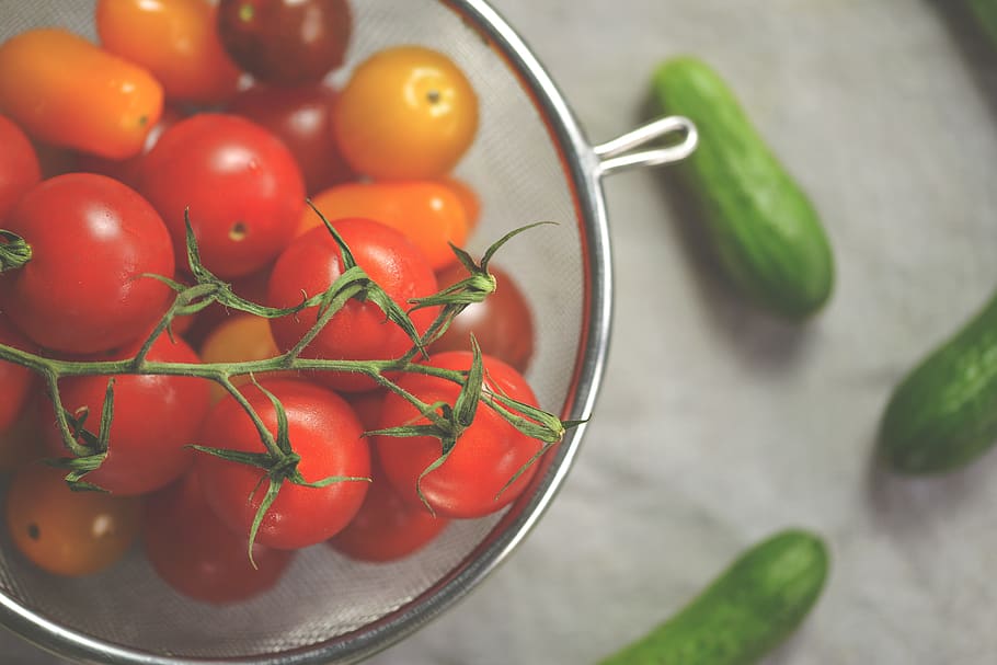 tomatoes, cherry tomatoes, vegetable, cucumber, raw, red, yellow HD wallpaper