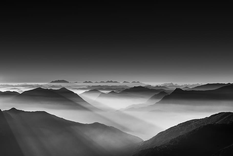 black and gray mountains illustration, haze, alp, horizon, fog