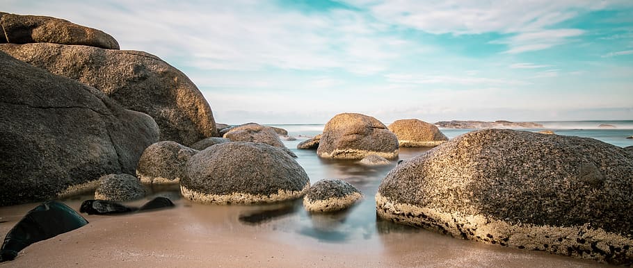 brown sea rocks during daytime, coast, longexposure, solid, water HD wallpaper