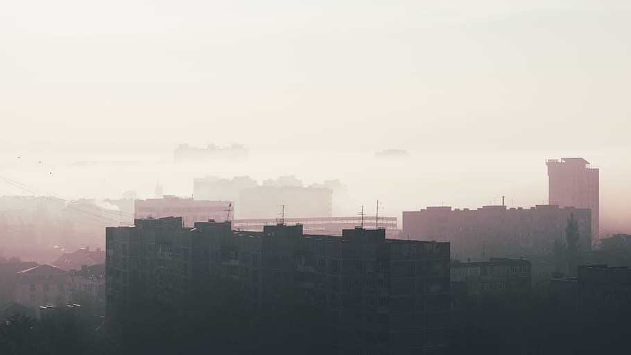tall building on foggy day time, nature, smoke, russia, krasnodar, HD wallpaper