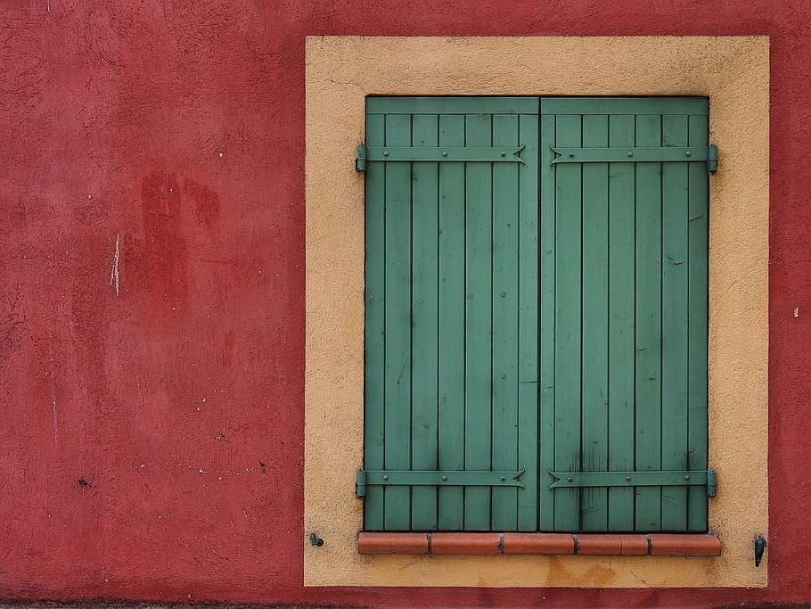 red, green, shutters, window, wall, built structure, building exterior HD wallpaper