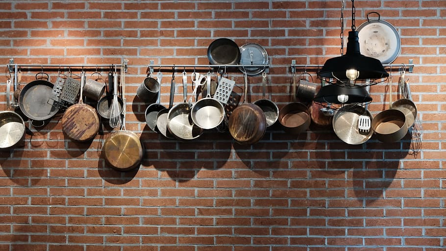 brick, wall, shelf, home decor, pots hanging on the wall, shanghai, HD wallpaper