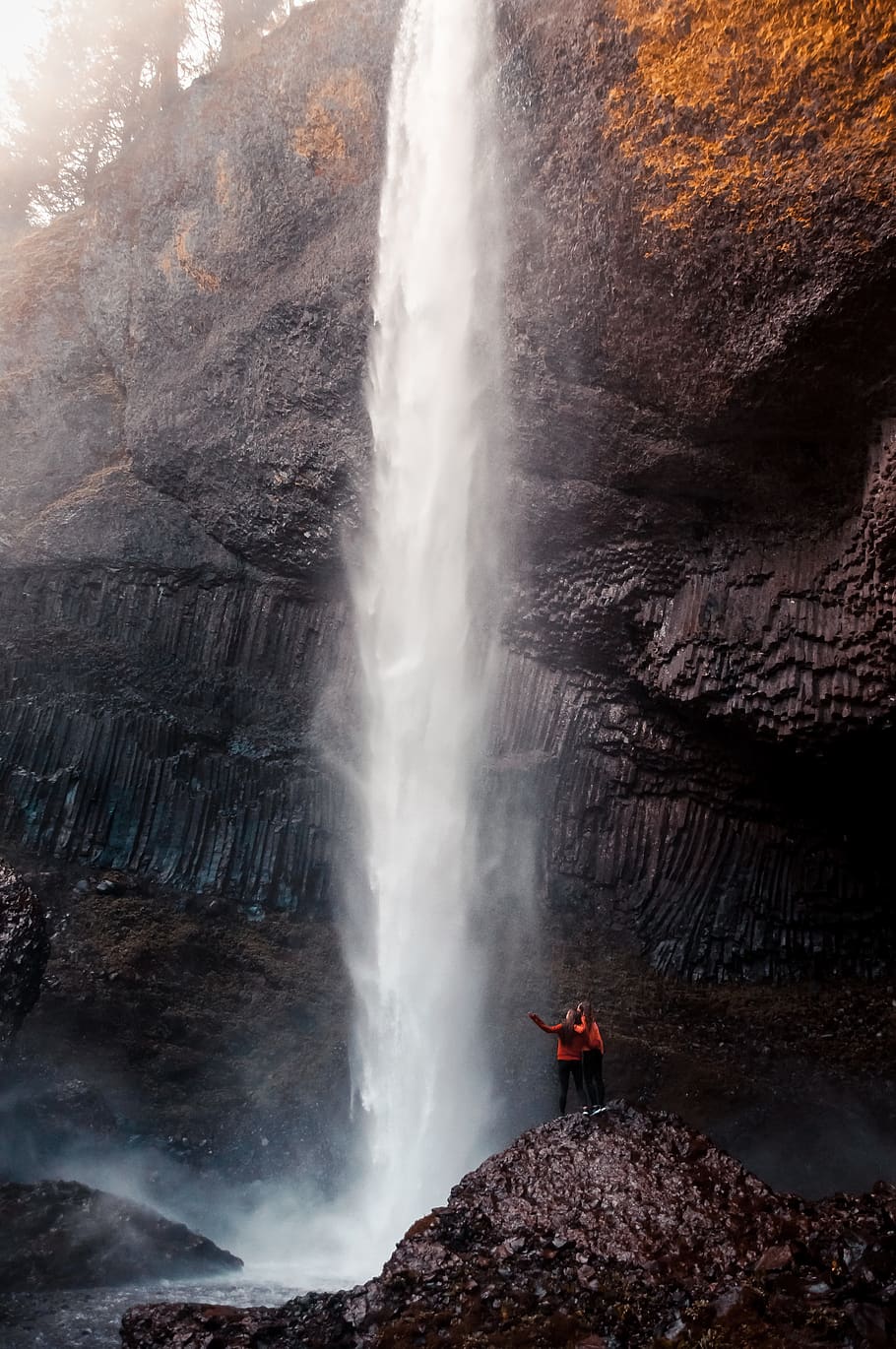 Two Man Beside Waterfall Taken At  Daytime, beautiful, cascade HD wallpaper