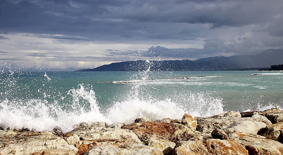 wave, coast, spray, clouds, surf, sea, beach, water, bank, nature HD wallpaper