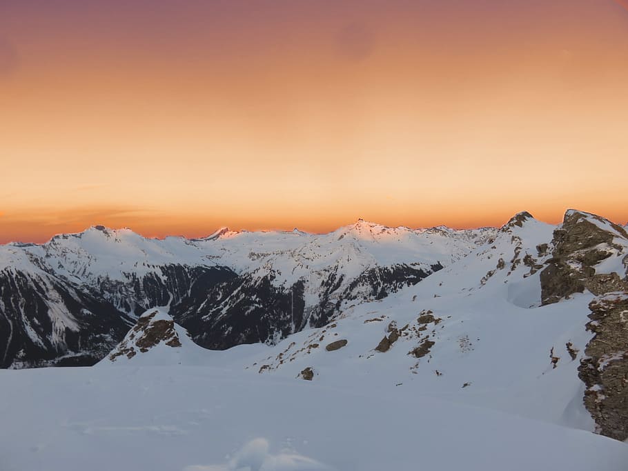 Mountain Covered With Snow during Sunset, altitude, cold, daylight HD wallpaper