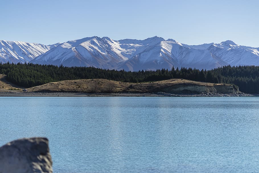 new zealand, lake pukaki, trees, snow, mountains, bokeh, composition, HD wallpaper