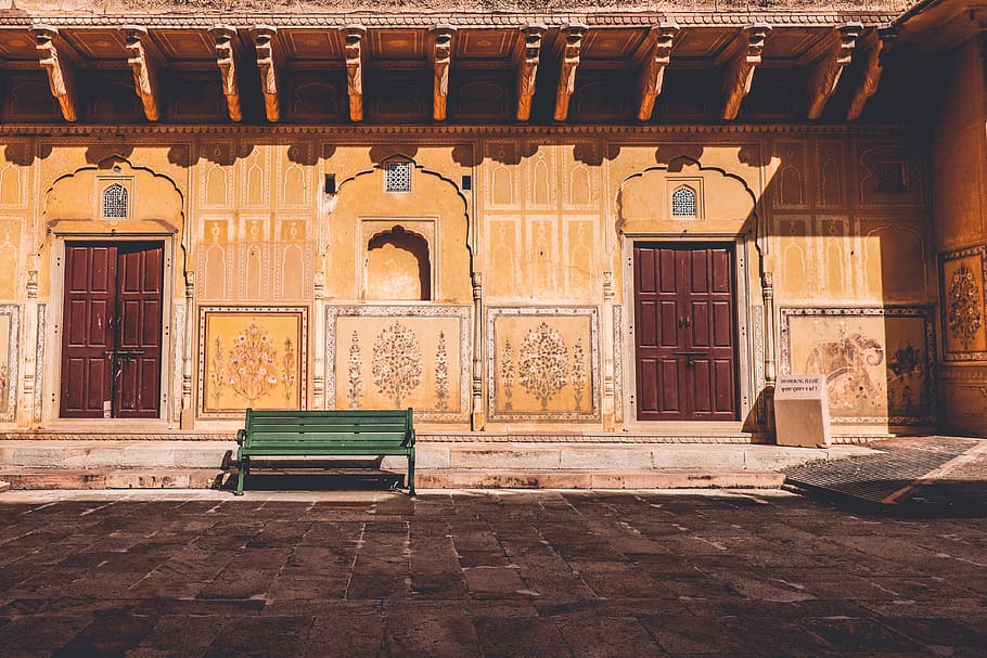 bench, hall, hallway, green, doors, shadows, light, sunlight HD wallpaper