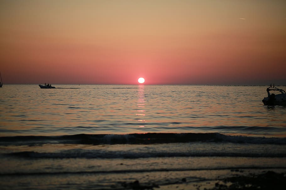 sunset, descending, orange, water, nautical vessel, sky, sea HD wallpaper