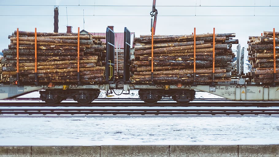 train with logs, wood, transport, lumber, transportation, wooden log HD wallpaper