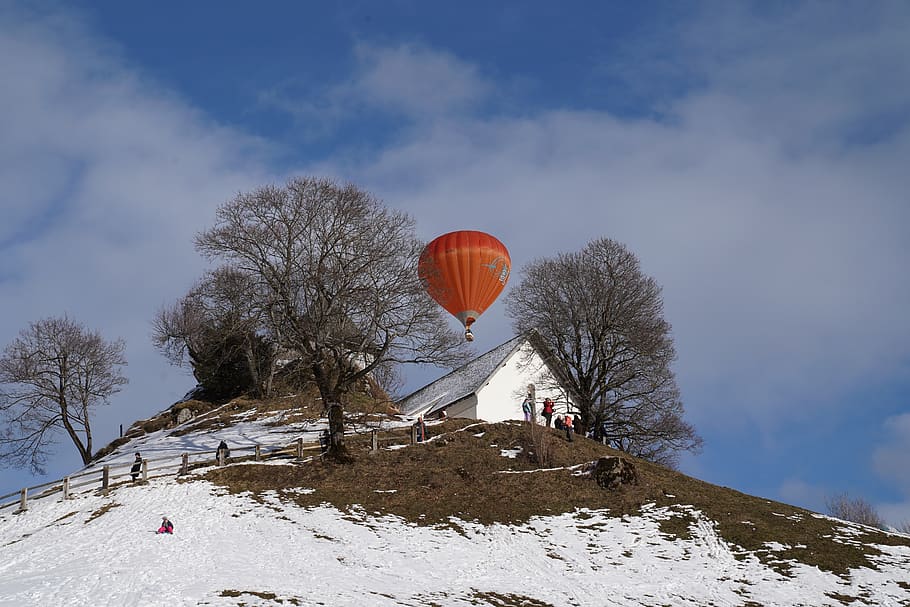 winter, hotairballoon, hill, cold, freshair, landscape, countryside, HD wallpaper