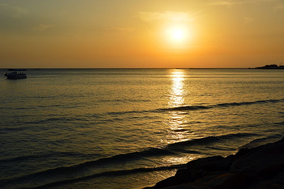 sunset, evening, abendstimmung, dusk, sky, sea, wave, landscape HD wallpaper