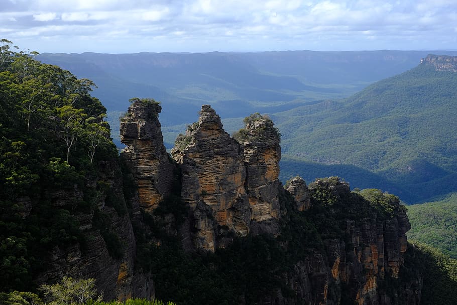 three sisters, blue mountains, landscape, australia, wilderness, HD wallpaper