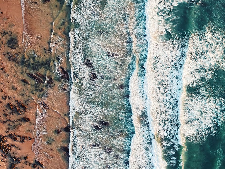 aerial photo of a dancing waves, coast, shore, beach, water, sand, HD wallpaper
