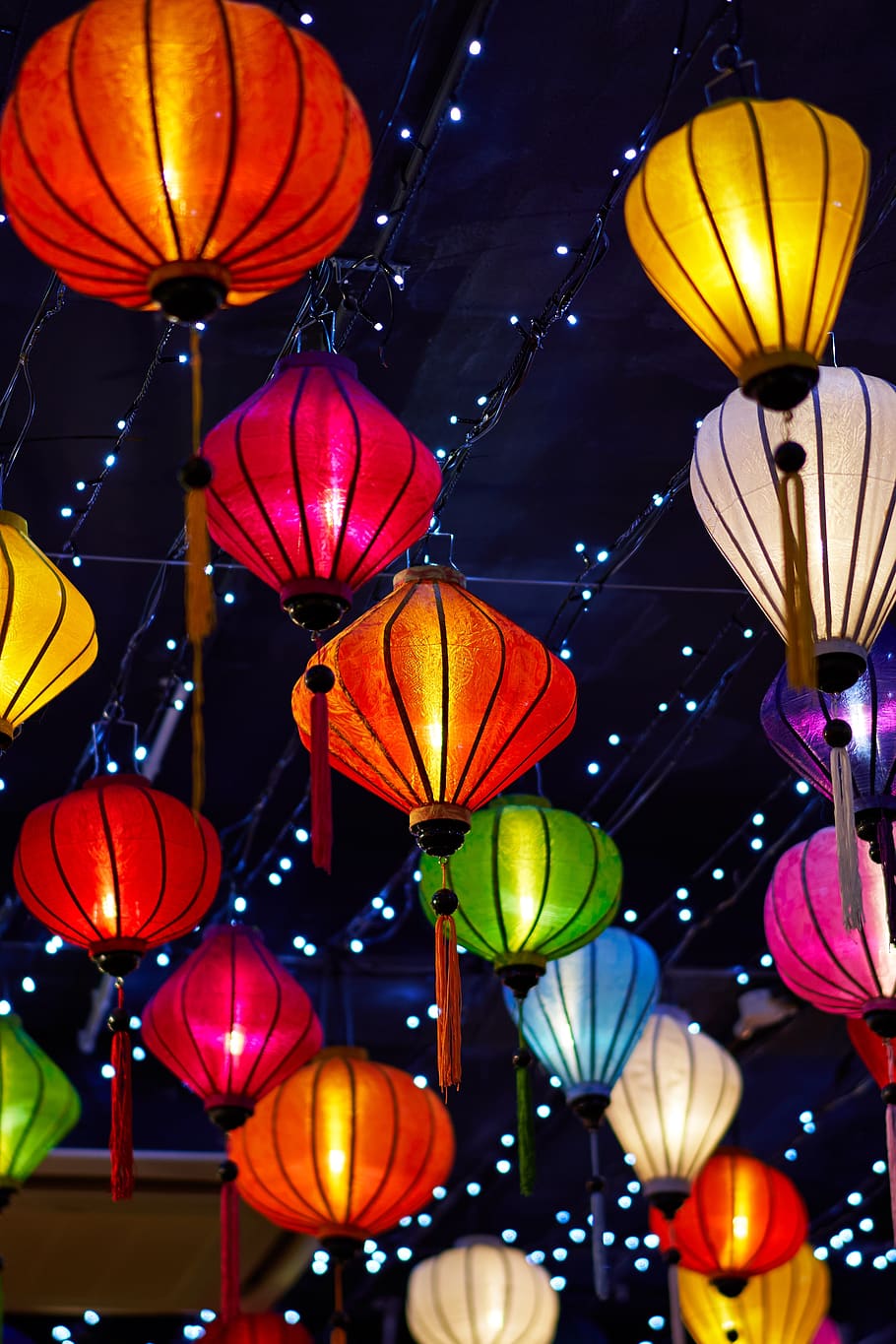 assorted-color paper lamp lot, lantern, lighting, vietnam, decoration