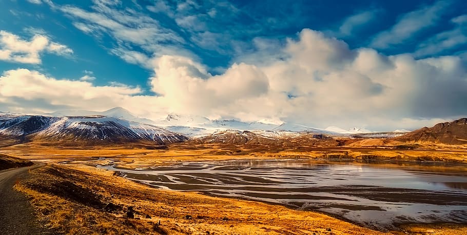 Lake Surrounded With Mountain Range, clouds, cold, daylight, high HD wallpaper