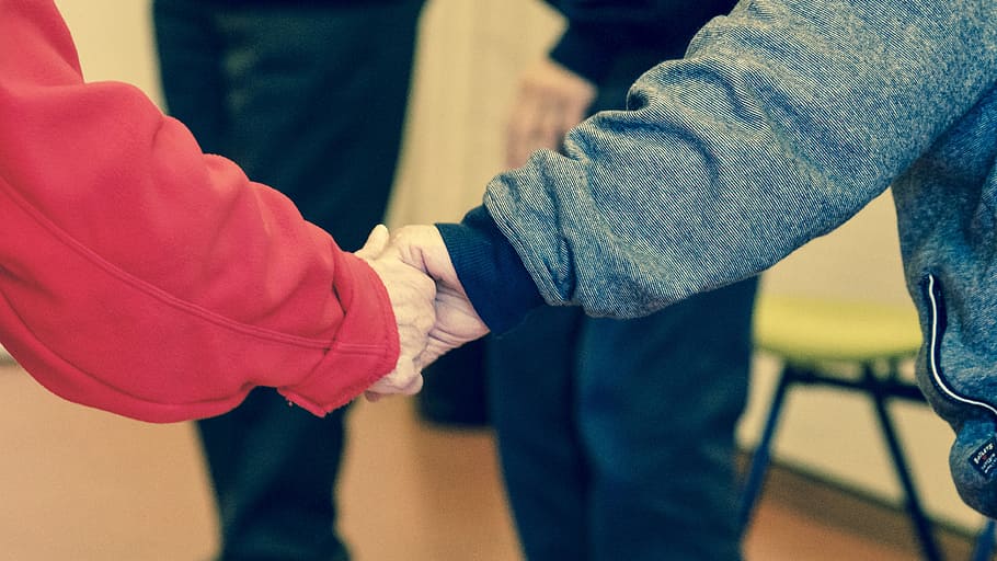 holding hand, red, blue, jacket, blur, togetherness, human hand HD wallpaper