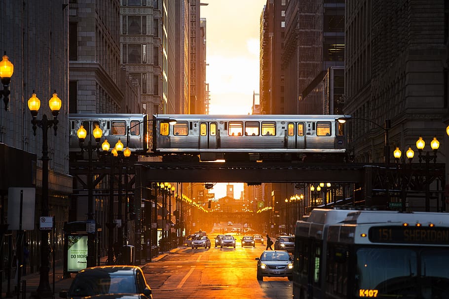 united states, chicago, city, cta, sunset, architecture, built structure, HD wallpaper