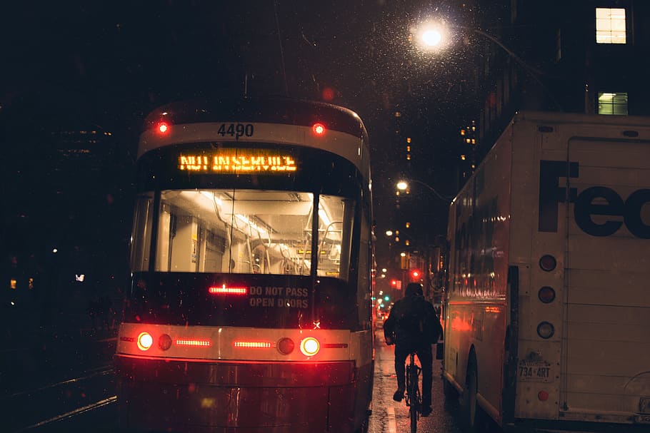 bus on stree, person, human, vehicle, transportation, bike, bicycle HD wallpaper