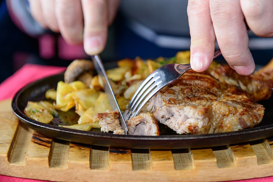 food, restaurant, dinner, fork, knife, healthy, table, dining room HD wallpaper